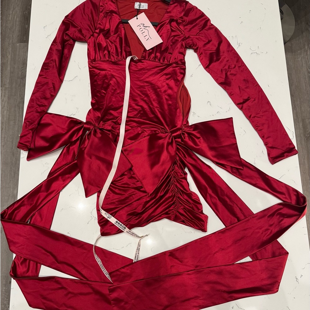 Oh Polly Red Satin Plunge Wrap Dress